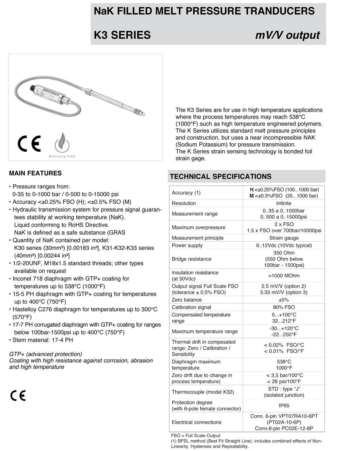 K3 Series NaK Filled Melt Pressure Transducers