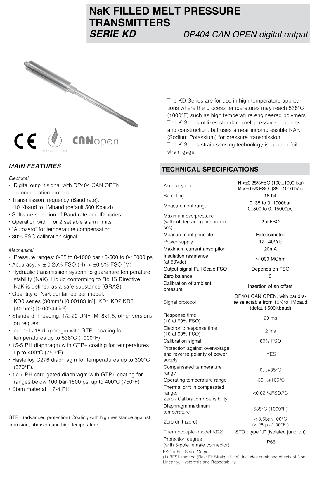 KD Series NaK Filled Melt Pressure Transmitters
