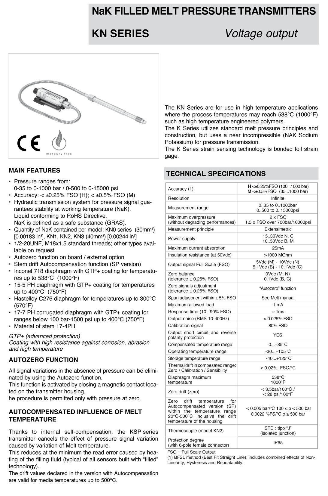 KN Series NaK Filled Melt Pressure Transmitters