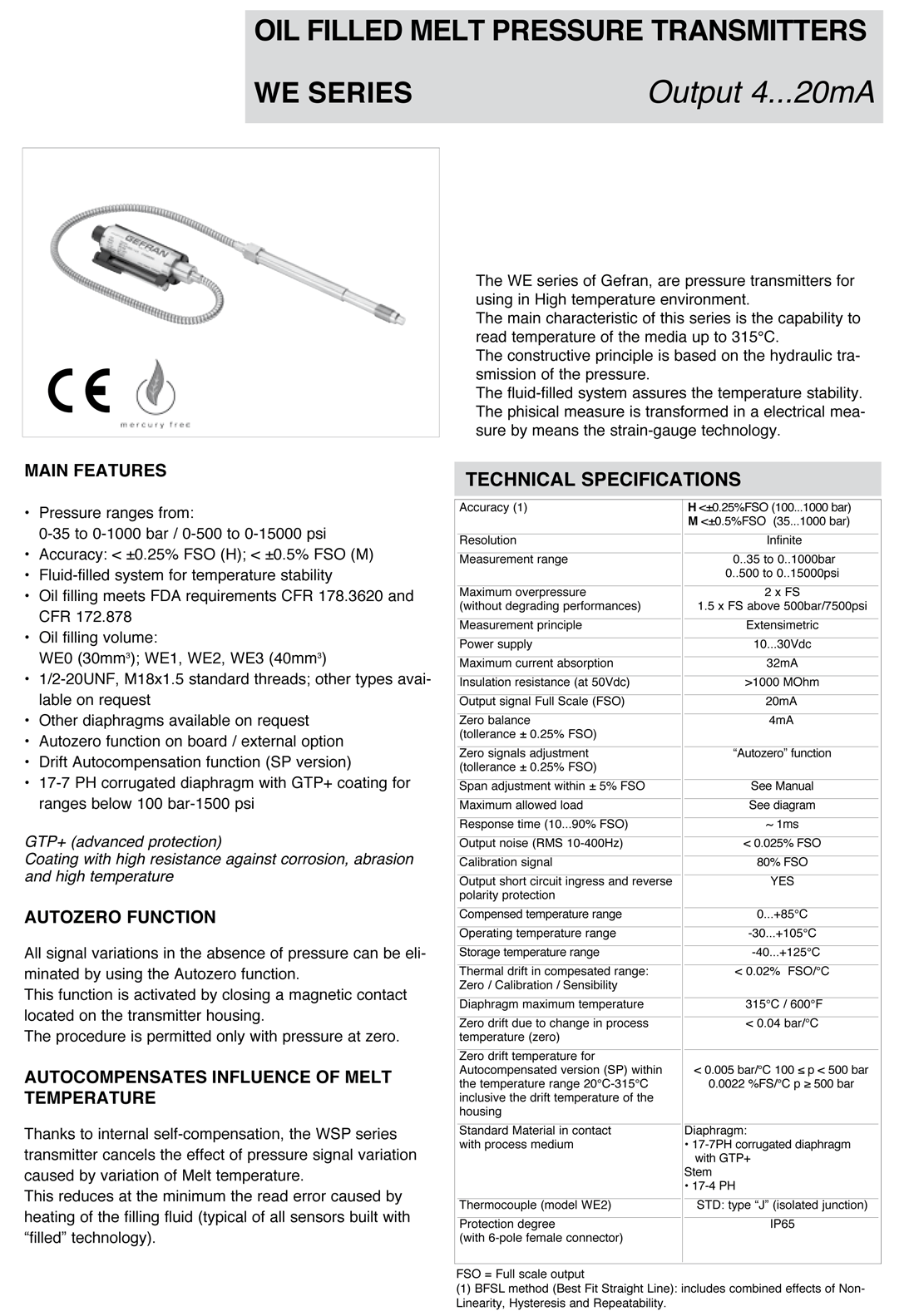 WE Series Melt Pressure Transmitters