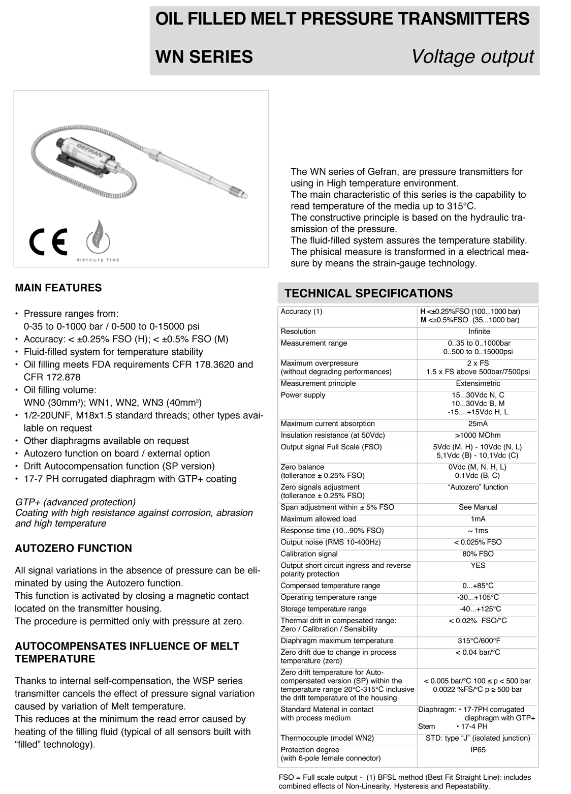 WN Series Melt Pressure Transmitters